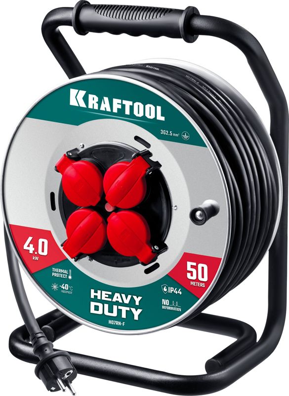 KRAFTOOL HEAVY DUTY 4.0, КГ 3х2.5 50м 4000Вт IP44, силовой удлинитель на стальной катушке (55086-50)